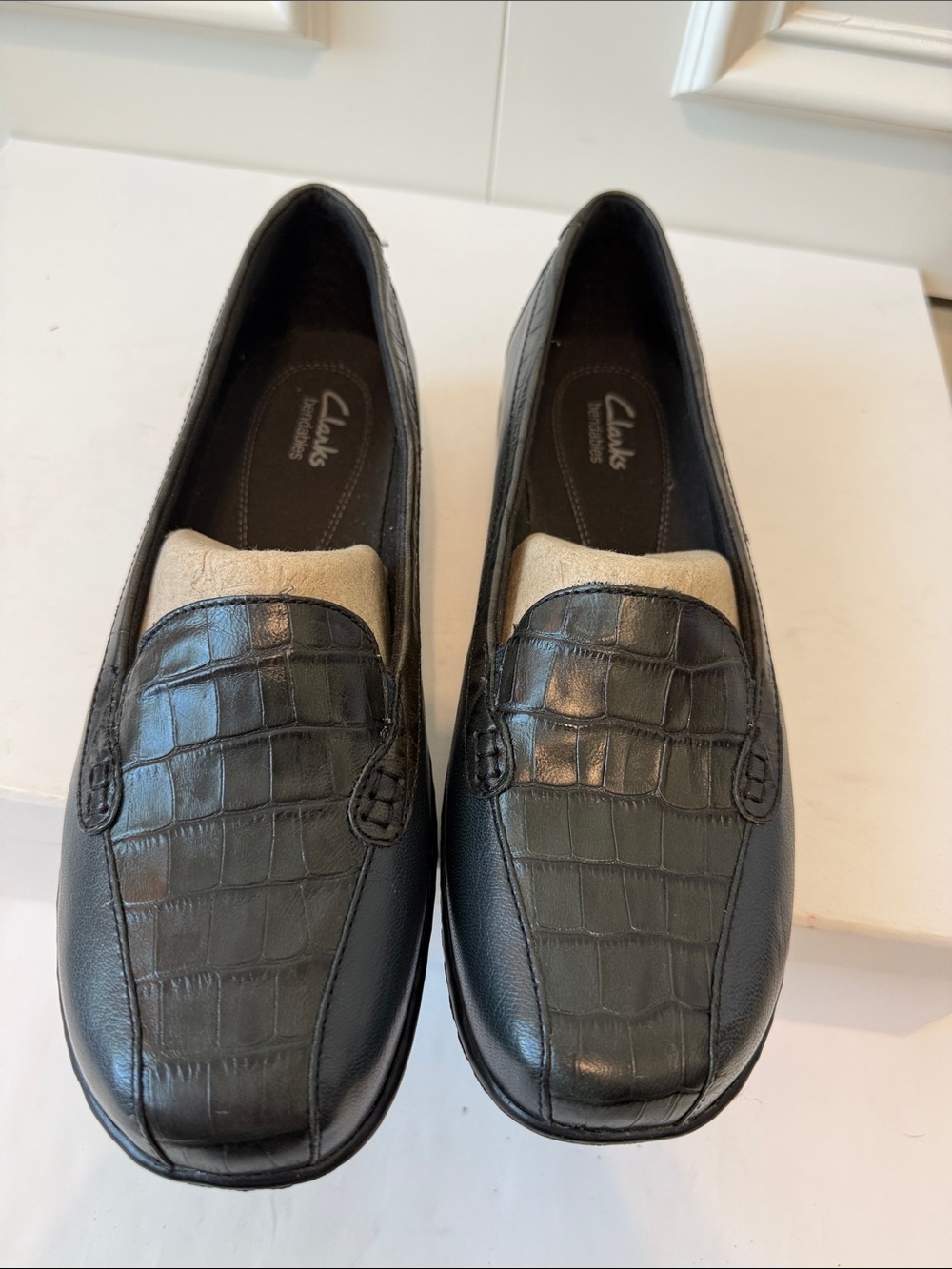 Clarks Black Croc-Embossed Slip-On Loafers for Women